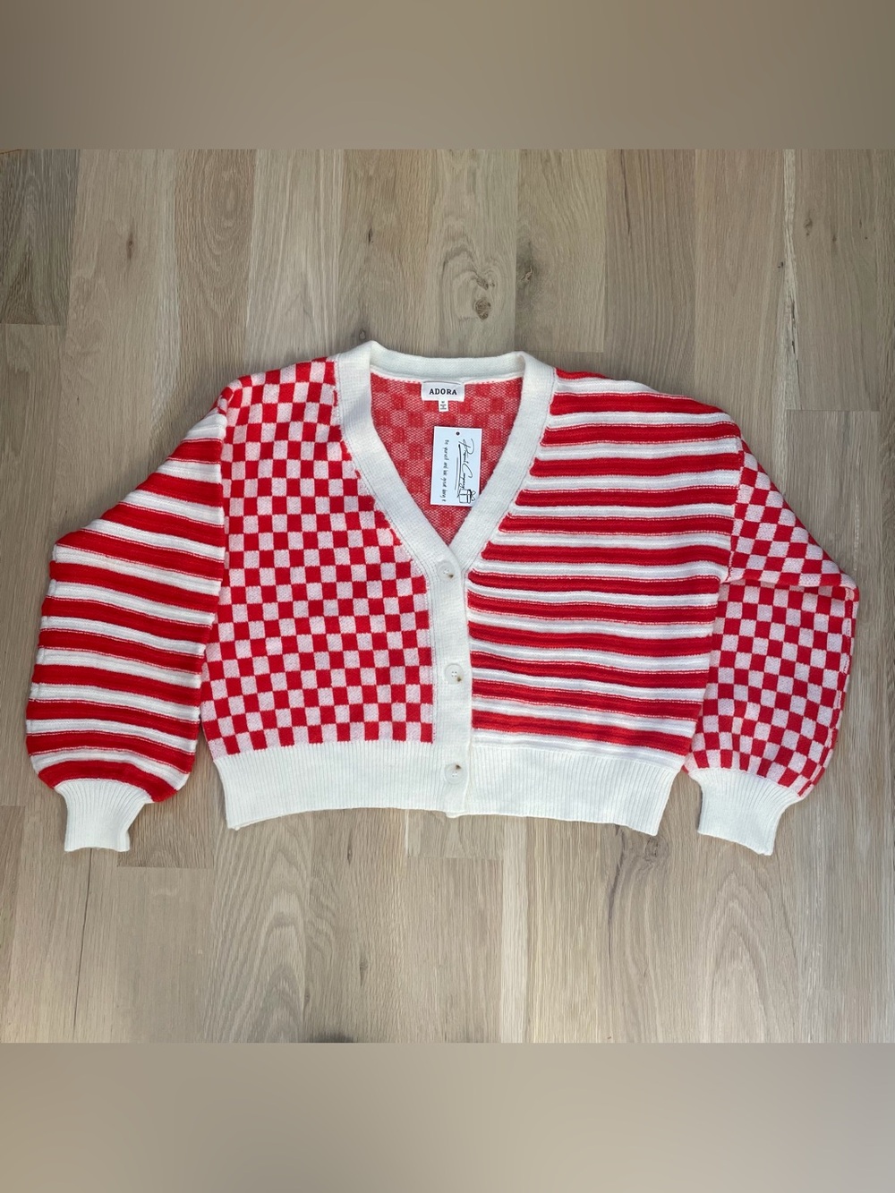 ADORA Orange Red & White Patchwork Knit Cardigan | Checker & Stripe | Size M